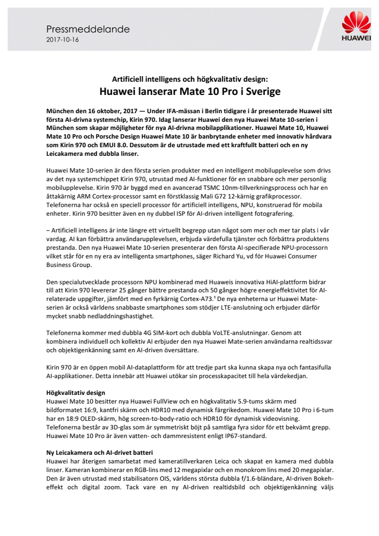 Artificiell intelligens och högkvalitativ design: Huawei lanserar Mate 10 Pro i Sverige