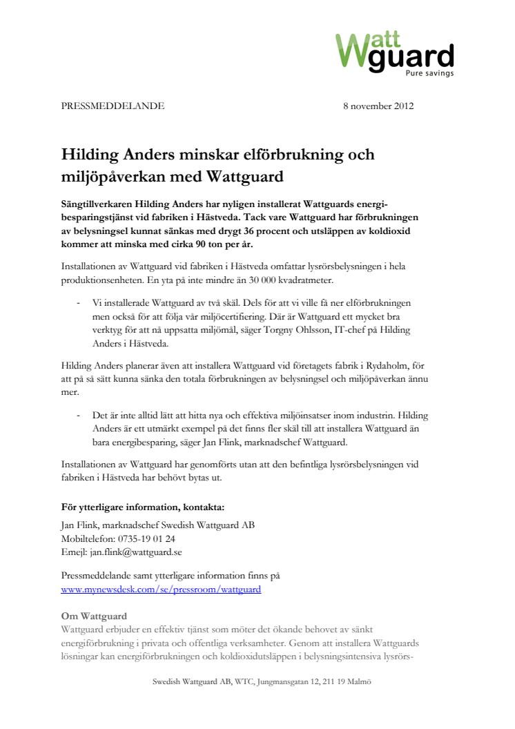 Hilding Anders minskar elförbrukning och miljöpåverkan med Wattguard