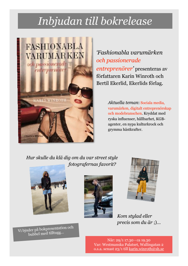 Inbjudan till presentation av boken Fashionabla varumärken och passionerade entreprenörer