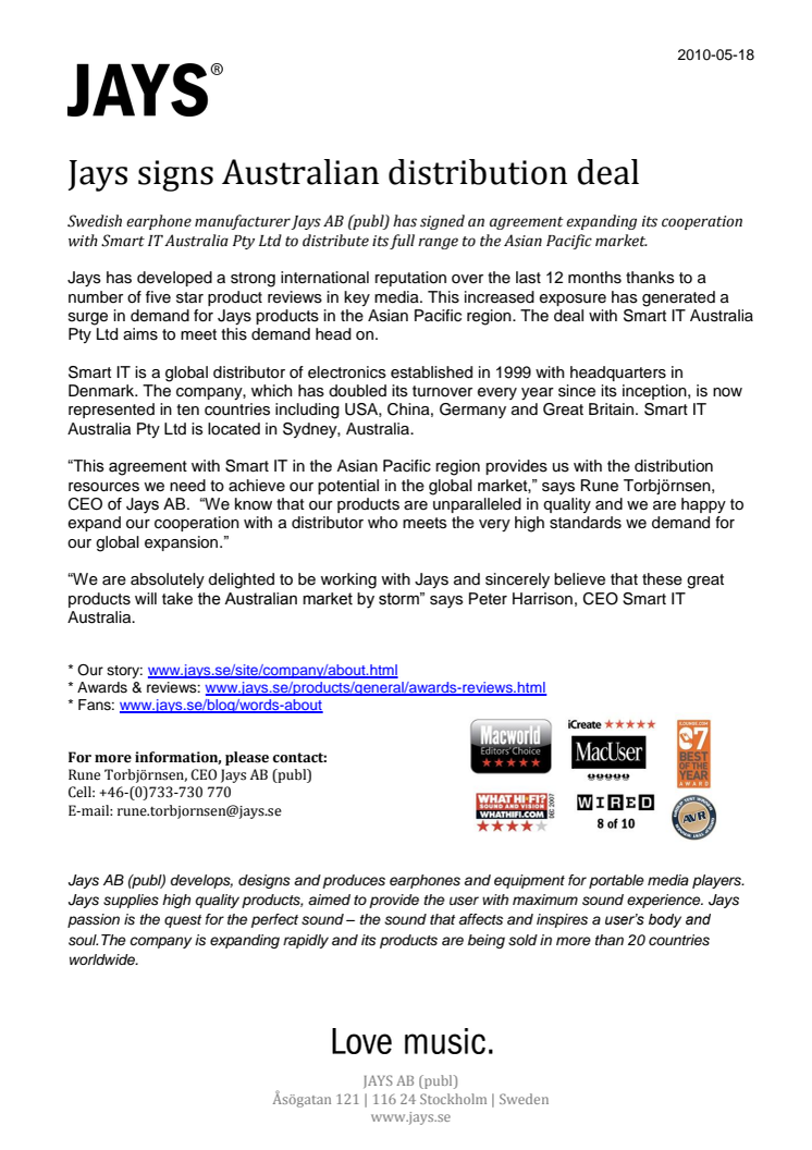Jays signs Australian distribution deal