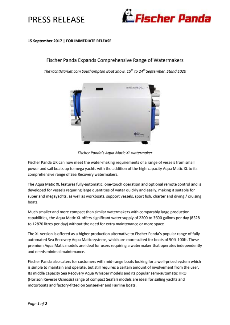 Fischer Panda Expands Comprehensive Range of Watermakers