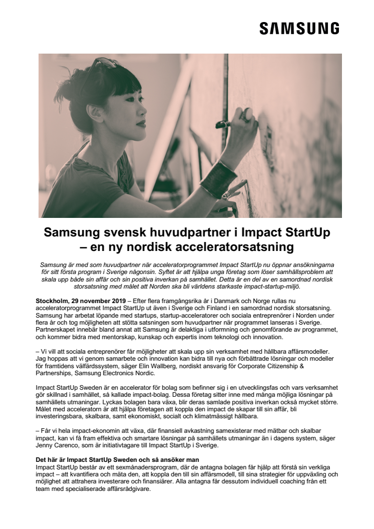 Samsung svensk huvudpartner i Impact StartUp  – en ny nordisk acceleratorsatsning