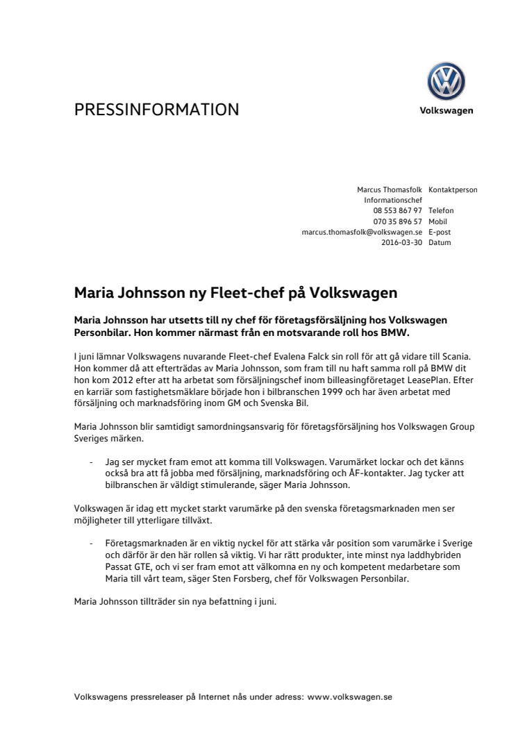 Maria Johnsson ny Fleet-chef på Volkswagen