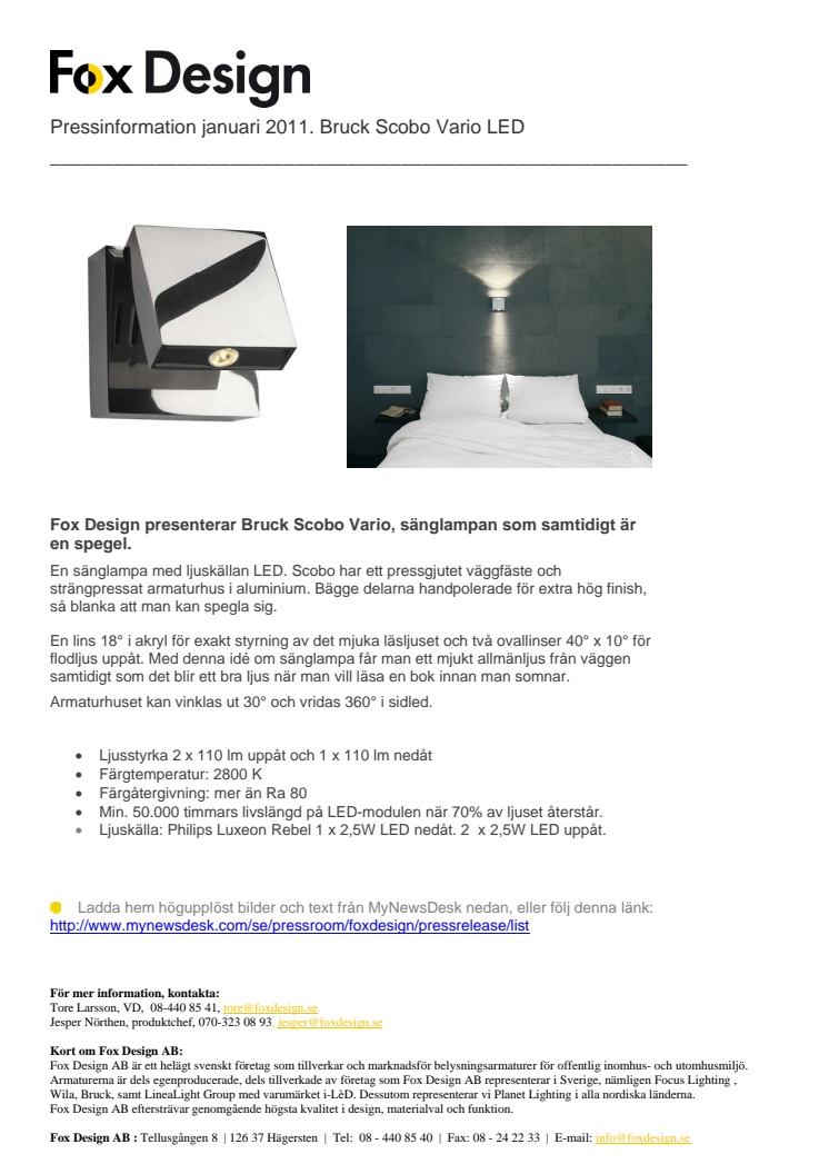 Fox Design presenterar Bruck Scobo Vario, sänglampan som samtidigt är en spegel.