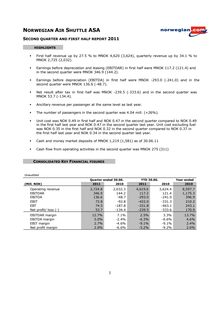 Norwegian second quarter - strong earnings improvement and over 4 million passengers