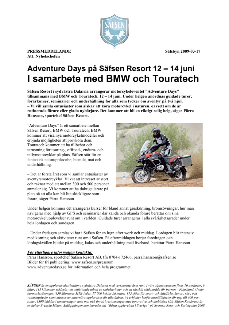Adventure Days på Säfsen Resort, 12 – 14 juni, i samarbete med BMW och Touratech