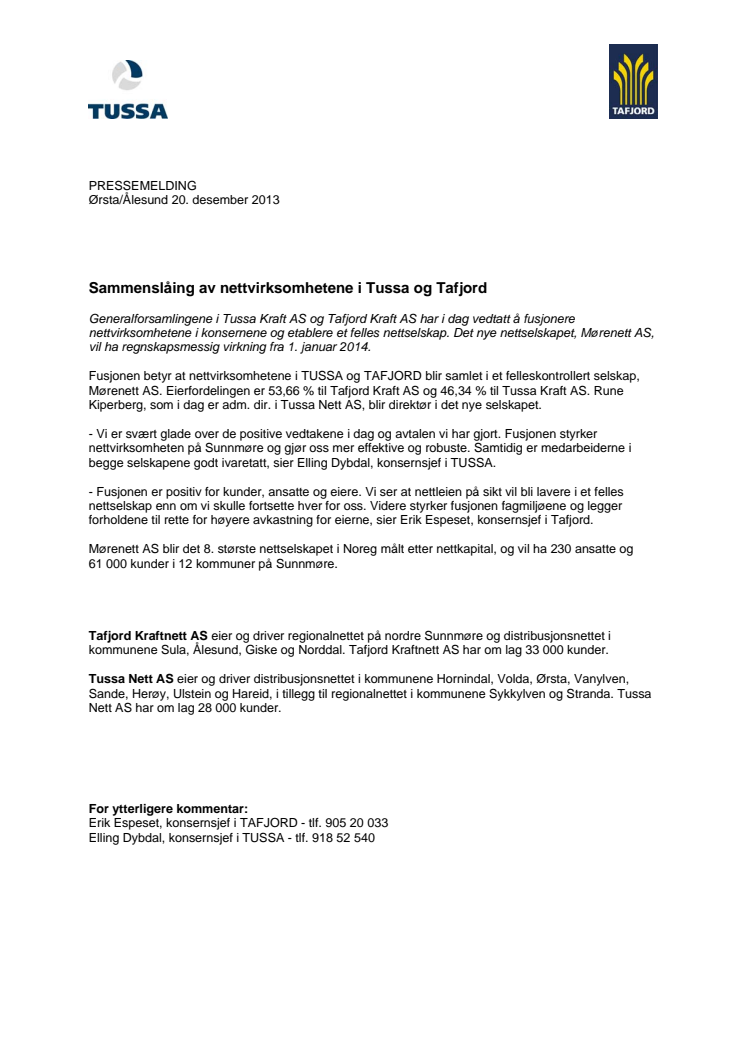 Sammenslåing av nettvirksomhetene i TUSSA og TAFJORD