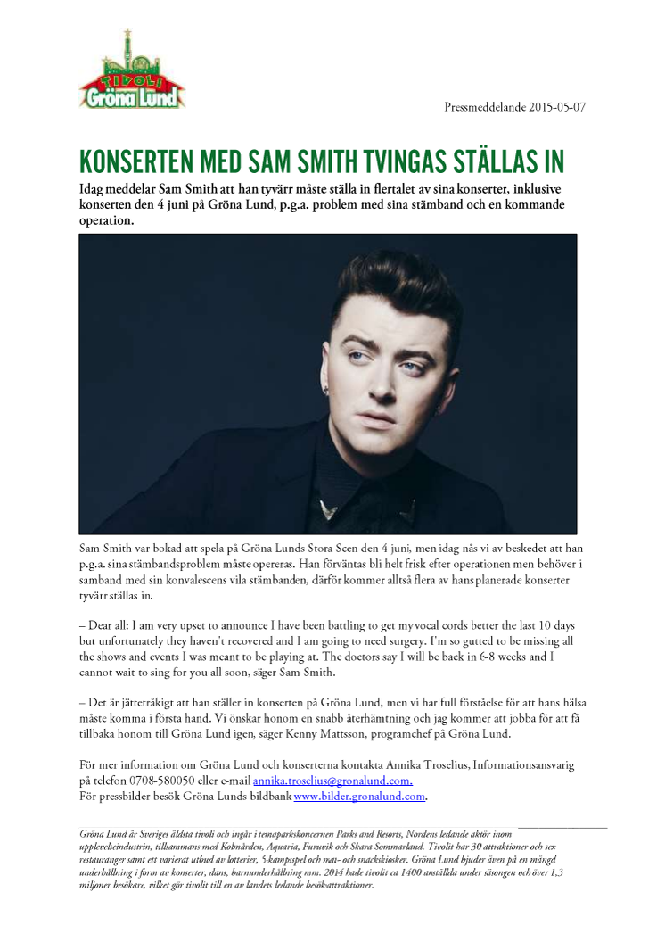 Konserten med Sam Smith tvingas ställas in