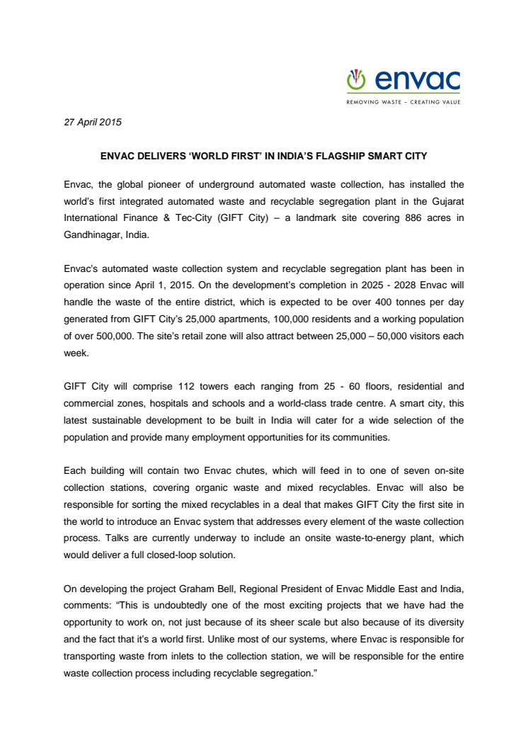 ENVAC DELIVERS ‘WORLD FIRST’ IN INDIA’S FLAGSHIP SMART CITY