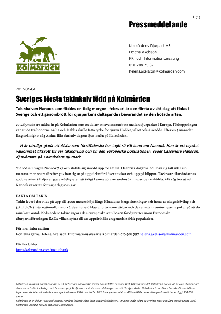 Sveriges första takinkalv född på Kolmården 