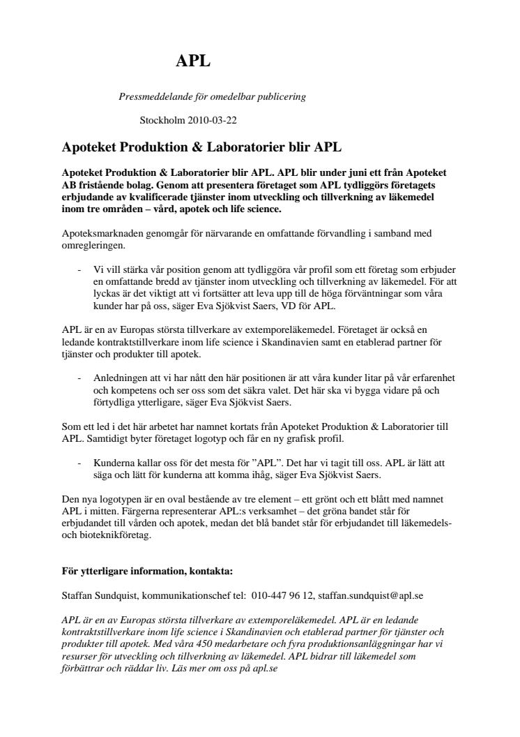 Apoteket Produktion & Laboratorier blir APL