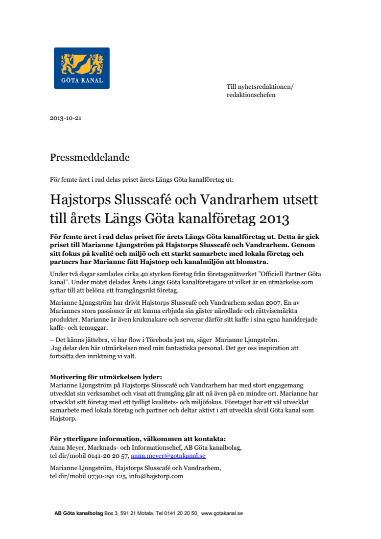 Hajstorps Slusscafé och Vandrarhem utsett till årets Längs Göta kanalföretag 2013