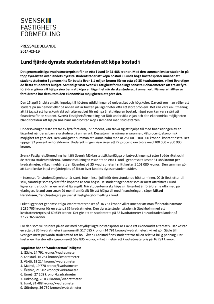 Lund fjärde dyraste studentstaden att köpa bostad i