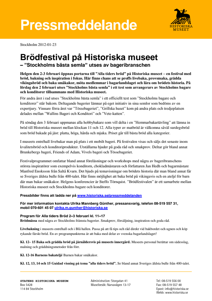 Brödfestival på Historiska museet – ”Stockholms bästa semla” utses av bageribranschen