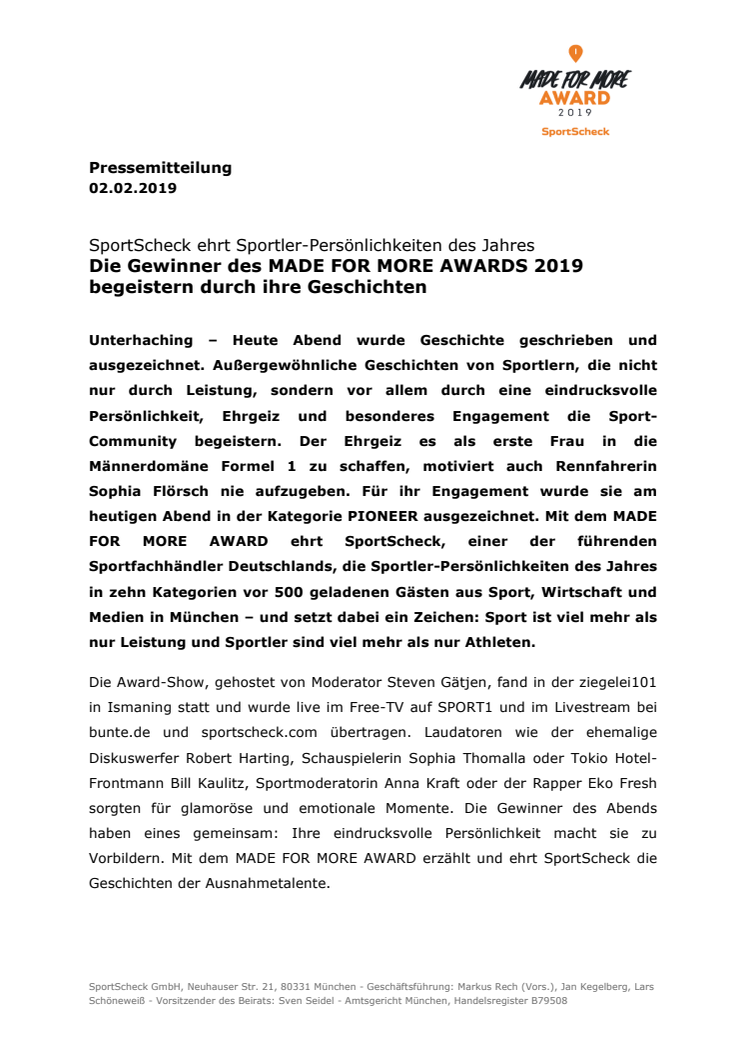 SportScheck ehrt Sportler-Persönlichkeiten des Jahres: Die Gewinner des MADE FOR MORE AWARDS 2019 begeistern durch ihre Geschichten
