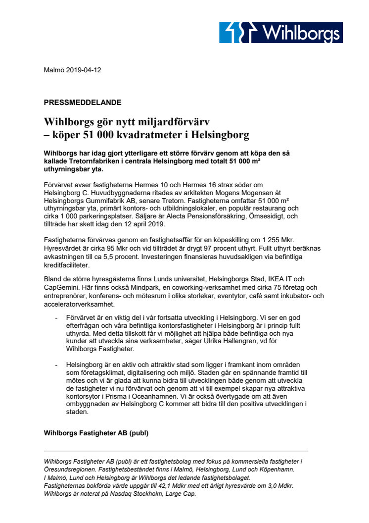 Wihlborgs gör nytt miljardförvärv – köper 51 000 kvadratmeter i Helsingborg