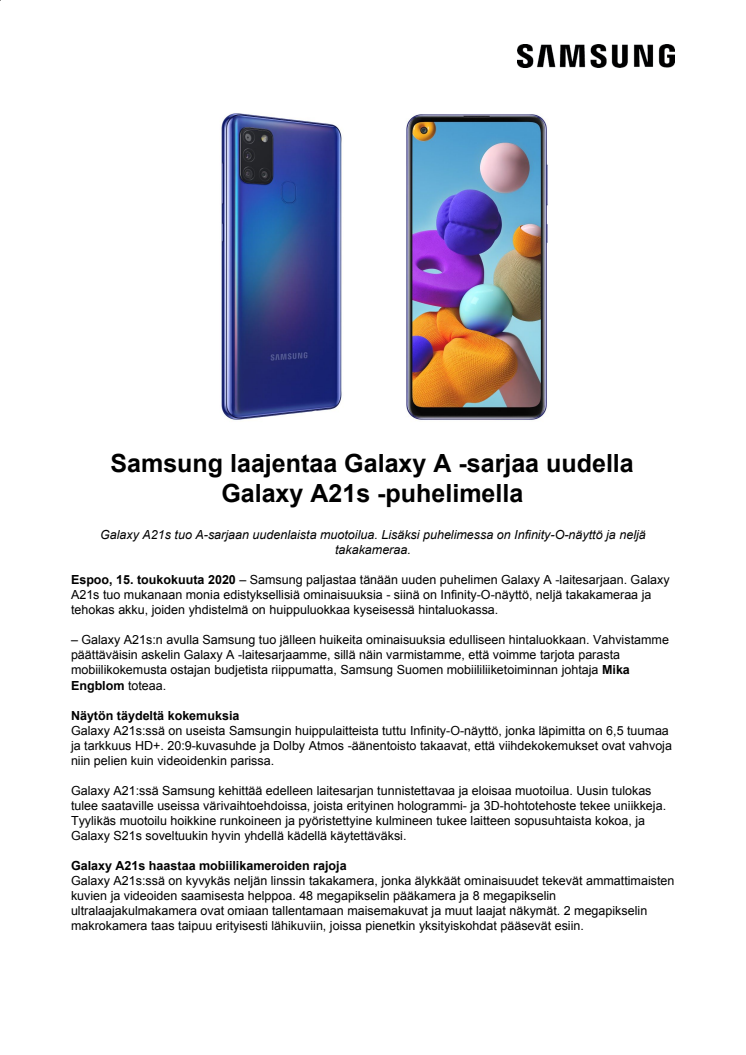 Samsung laajentaa Galaxy A -sarjaa uudella Galaxy A21s -puhelimella