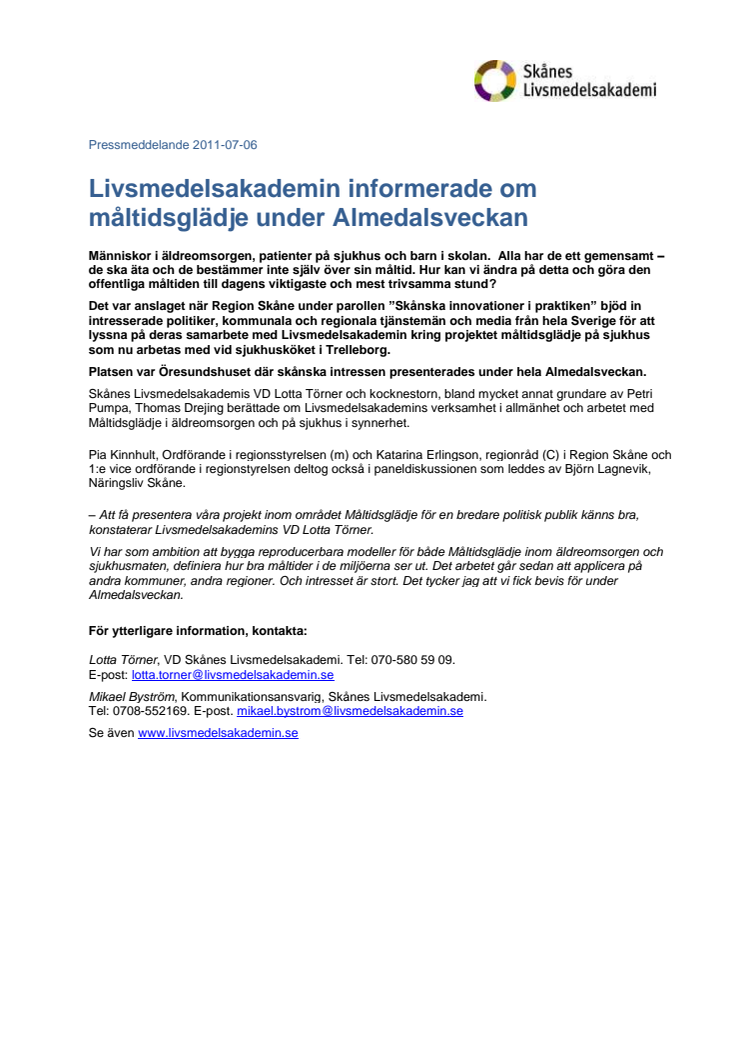 Livsmedelsakademin informerade om måltidsglädje under Almedalsveckan