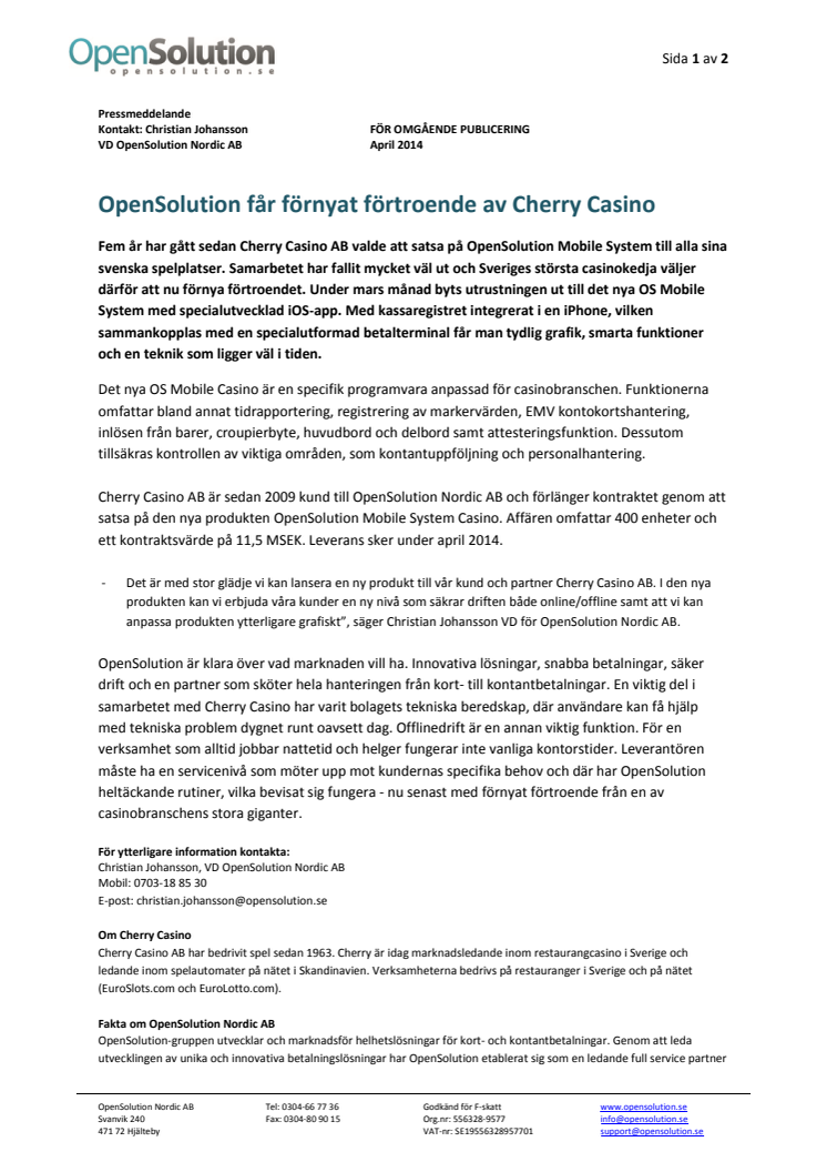 OpenSolution får förnyat förtroende av Cherry Casino