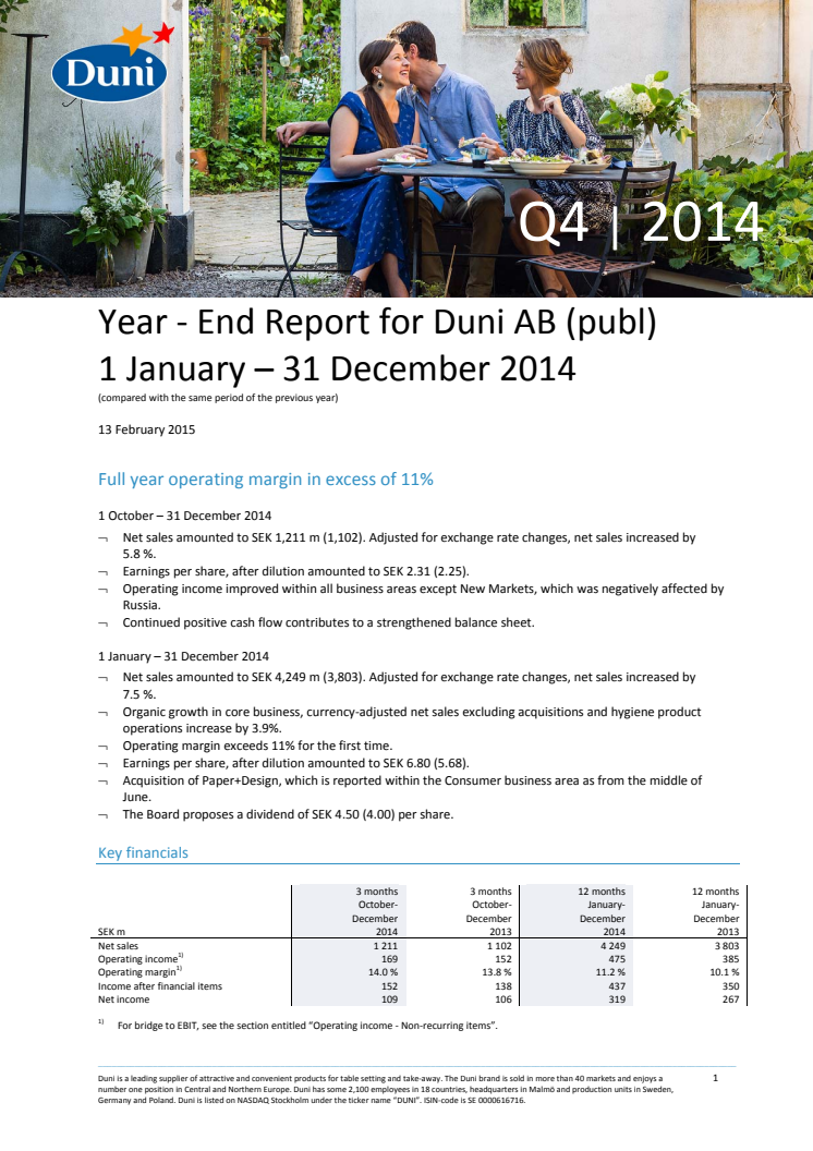 ​Year - End Report for Duni AB (publ) 1 January – 31 December 2014