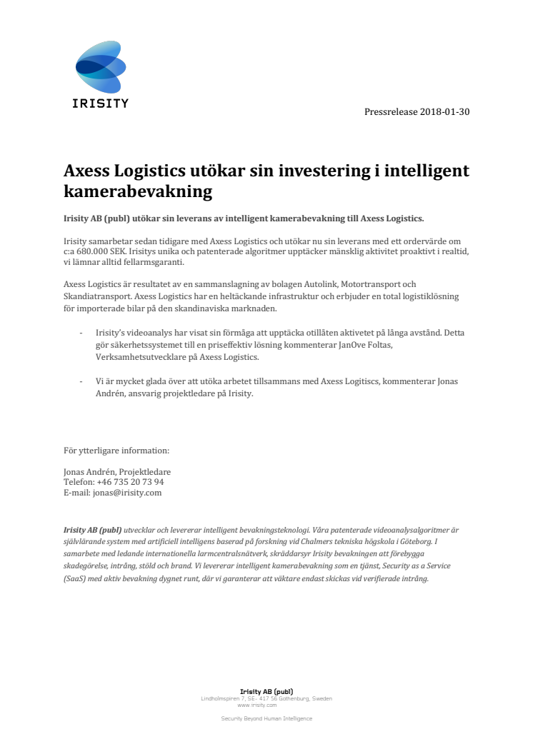 Axess Logistics utökar sin investering i intelligent kamerabevakning