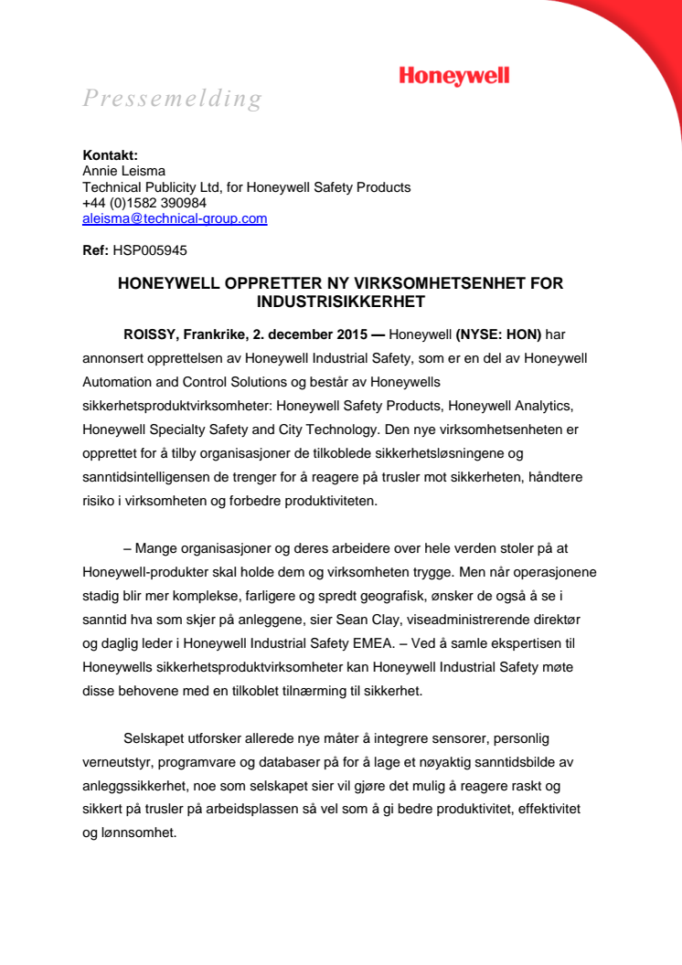 Honeywell oppretter ny virksomhetsenhet for industrisikkerhet