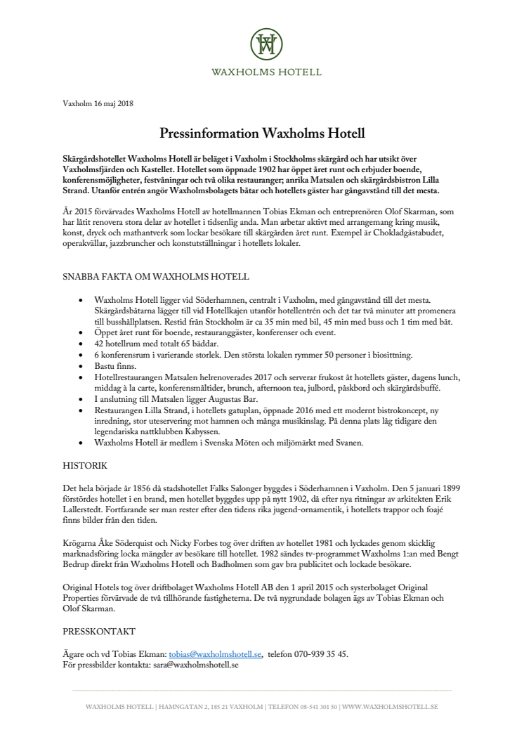 Pressinformation Waxhoms Hotell - generell 