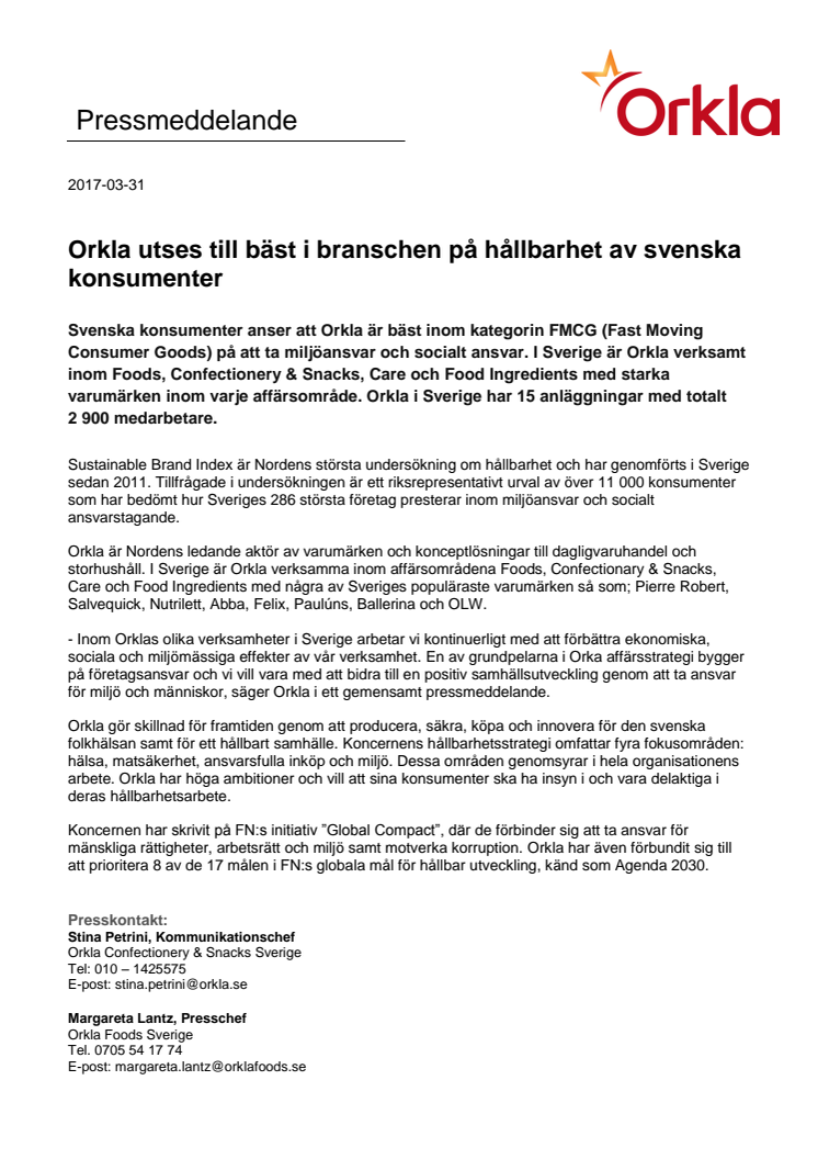 Orkla utses till bäst i branschen på hållbarhet av svenska konsumenter