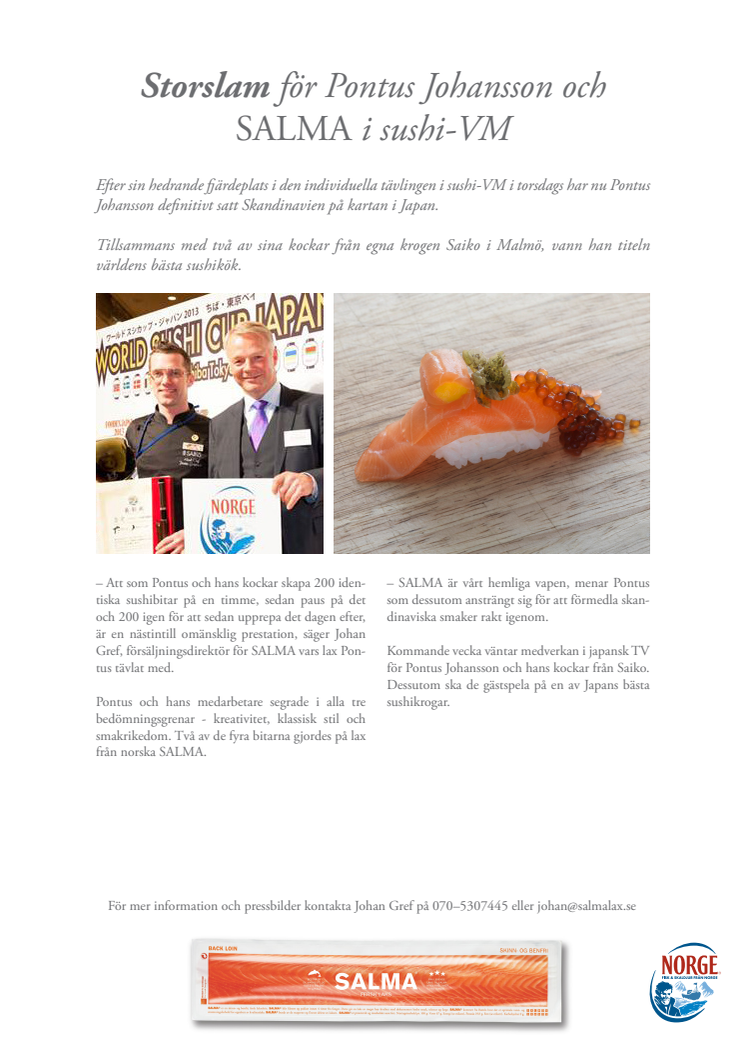 Storslam för Pontus Johansson och SALMA i sushi-VM
