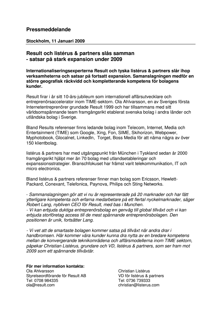 Result och listérus & partners slås samman