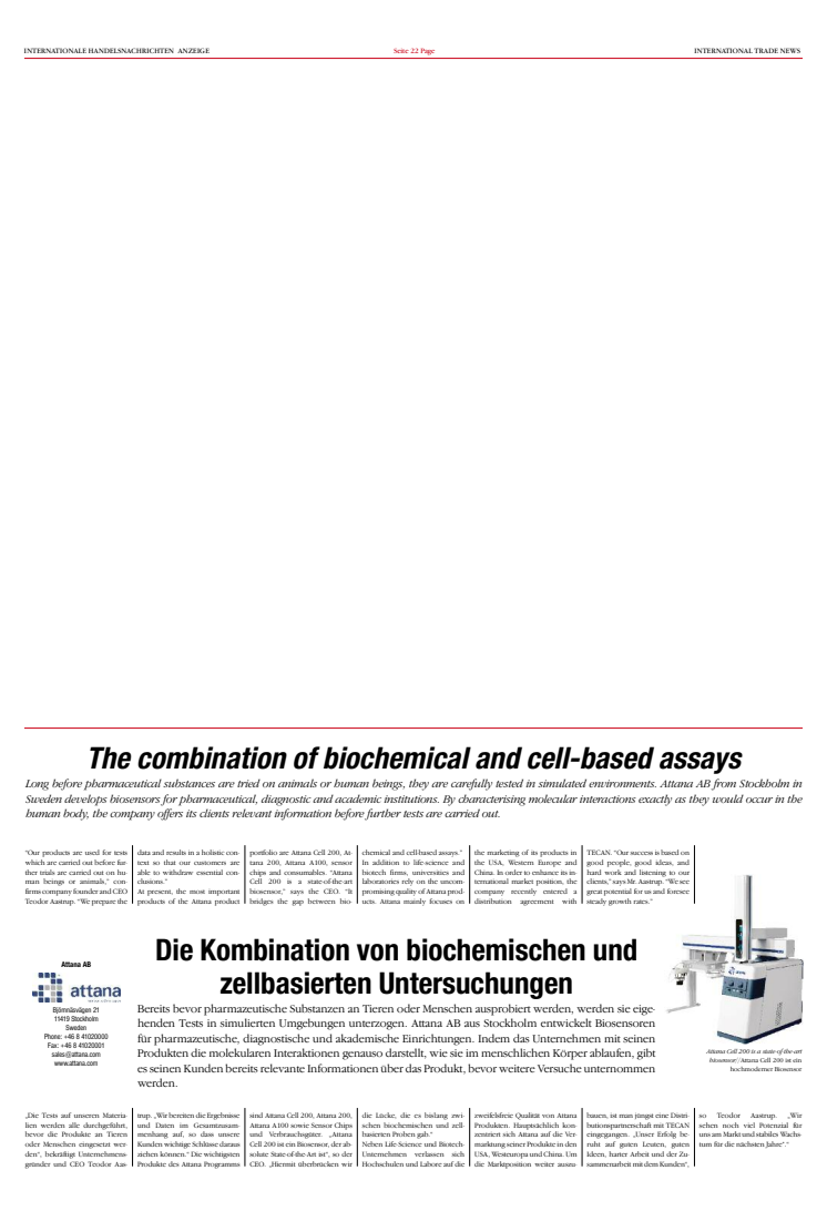 The combination between biochemical and cell based assay- Attana appears in International Trade News