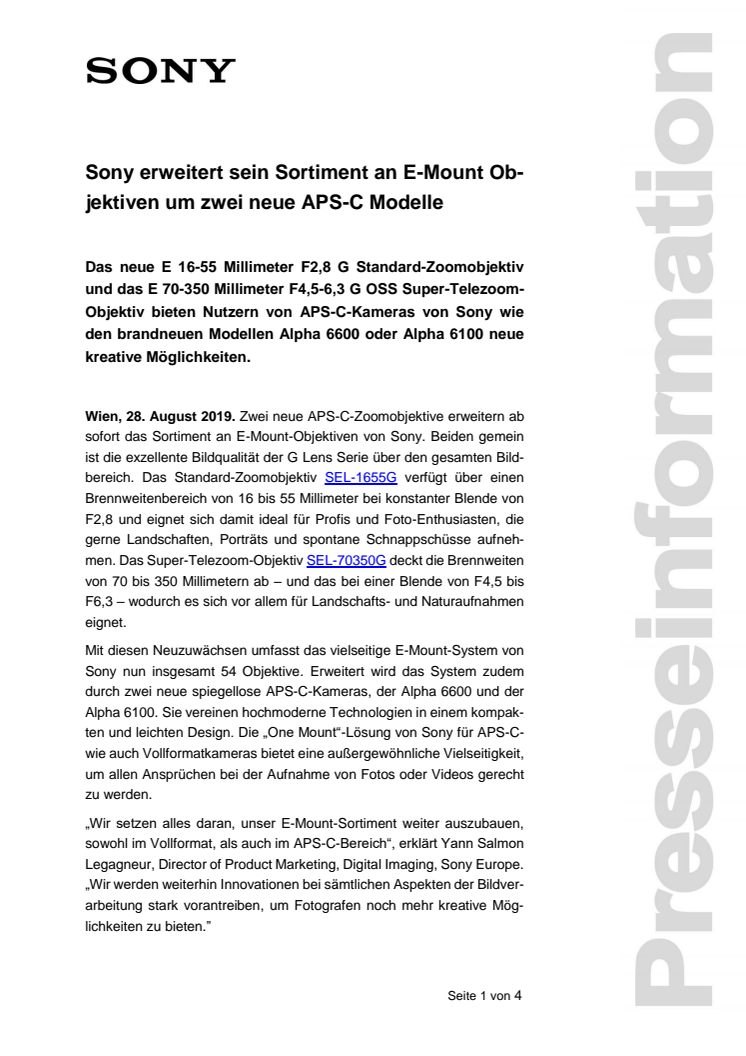 Sony erweitert sein Sortiment an E-Mount Objektiven um zwei neue APS-C Modelle