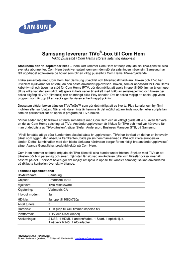 Samsung levererar TiVo®-box till Com Hem