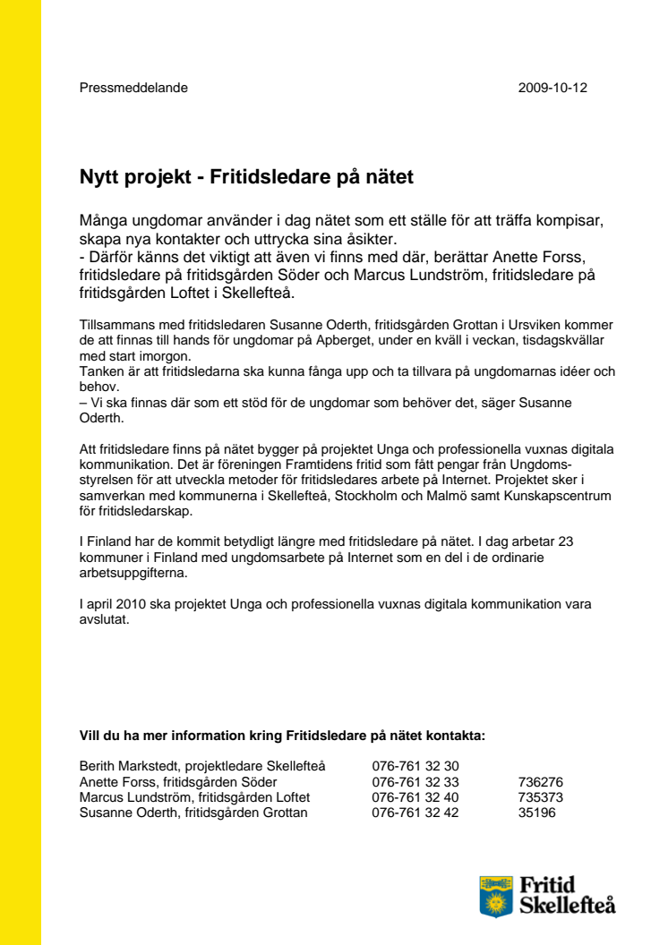 Nytt projekt - Fritidsledare på nätet i Skellefteå