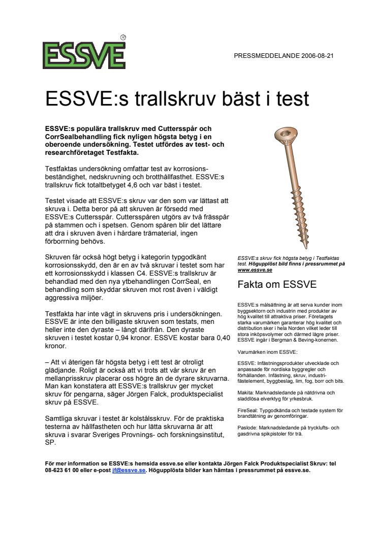 ESSVE:s trallskruv bäst i test