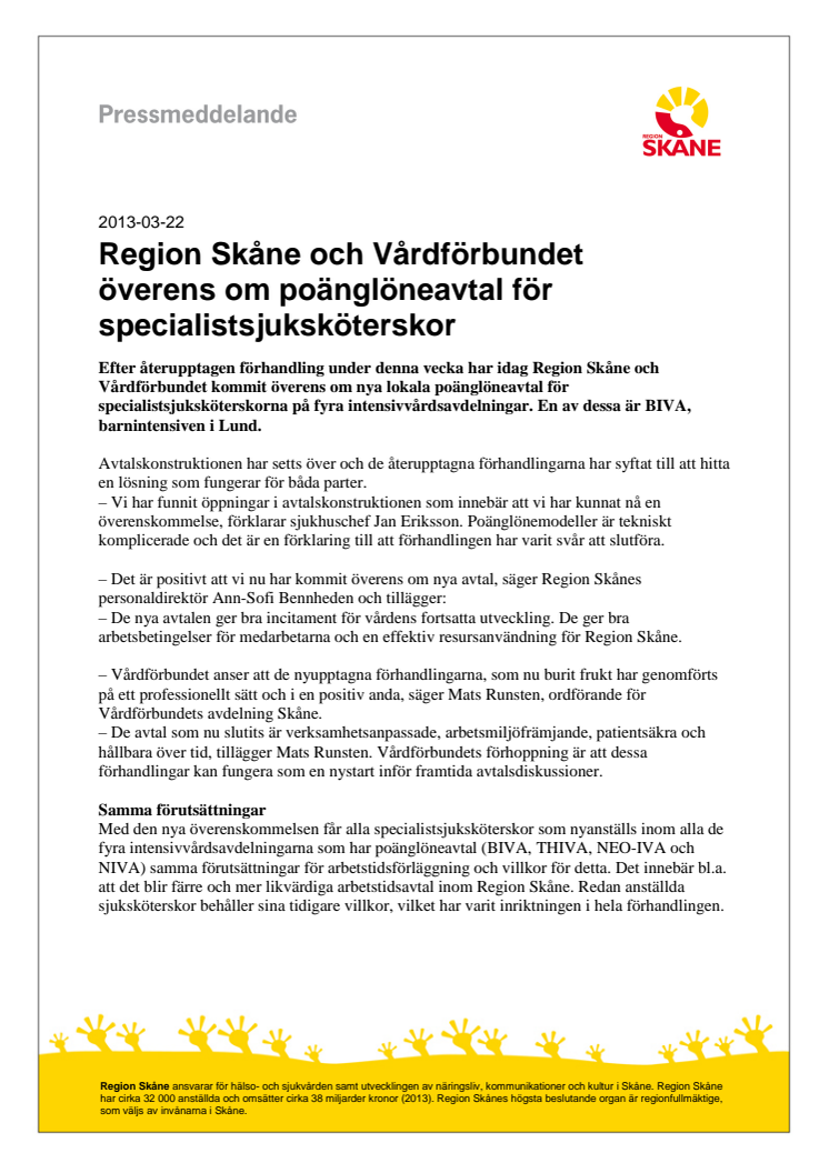 Region Skåne och Vårdförbundet överens om poänglöneavtal för specialistsjuksköterskor