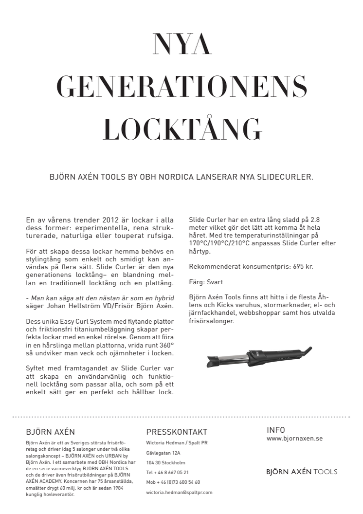 Björn Axén Tools by OBH Nordica lanserar nya generationens locktång