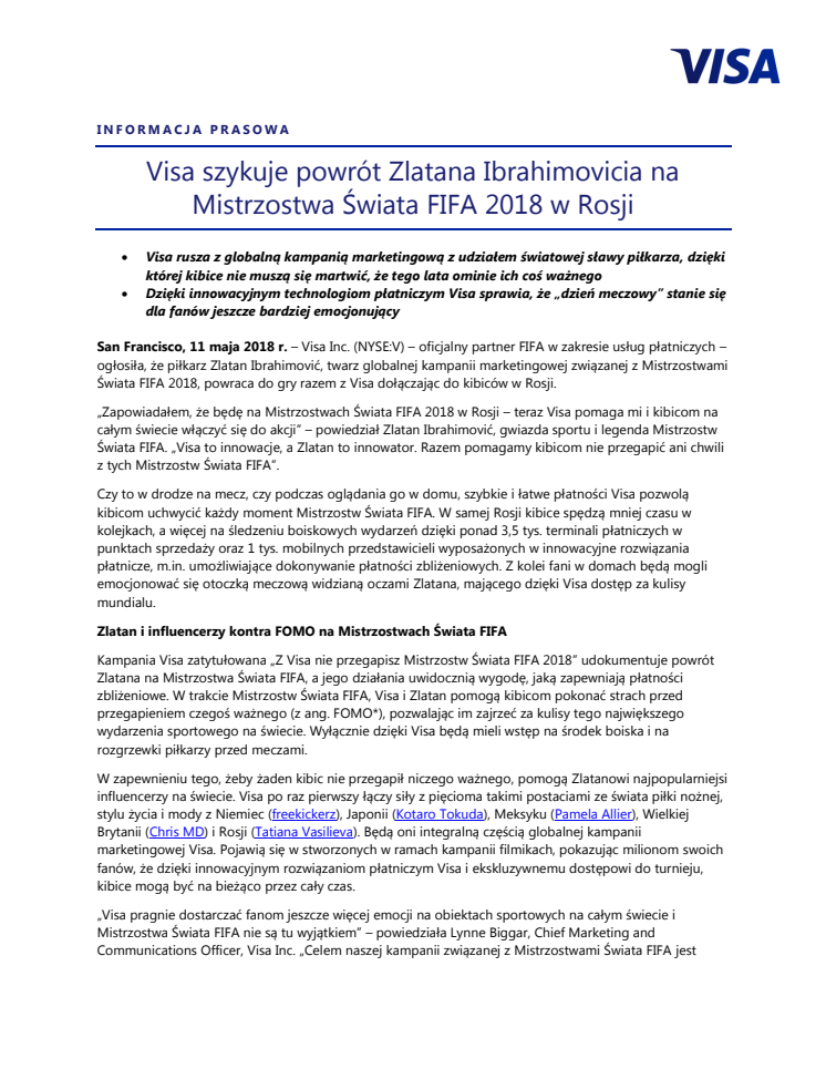 Visa szykuje powrót Zlatana Ibrahimovicia na Mistrzostwa Świata FIFA 2018 w Rosji