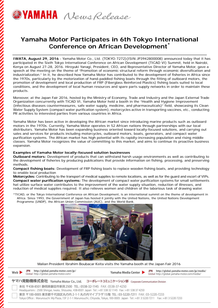 Yamaha Motor Participates in 6th Tokyo International Conference on African Development*