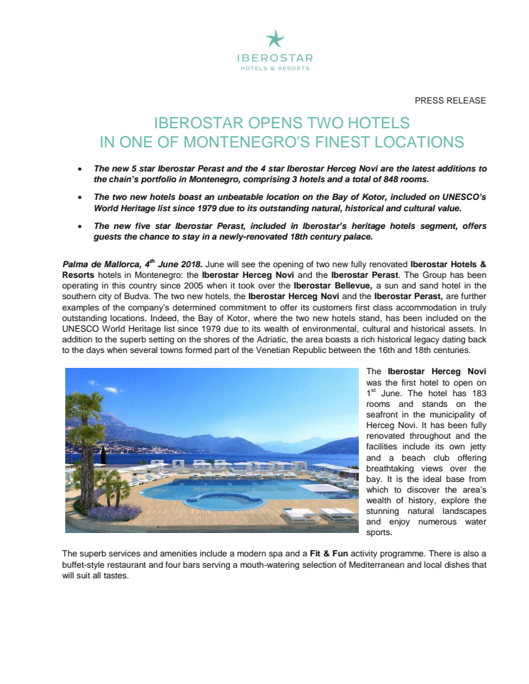 Iberostar öppnar två hotell i Montenegros mest attraktiva områden