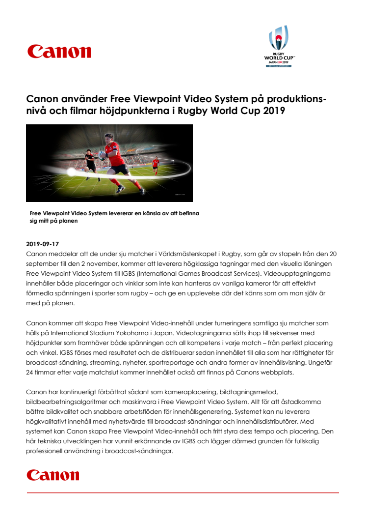 Canon använder Free Viewpoint Video System på produktions-nivå och filmar höjdpunkterna i Rugby World Cup 2019