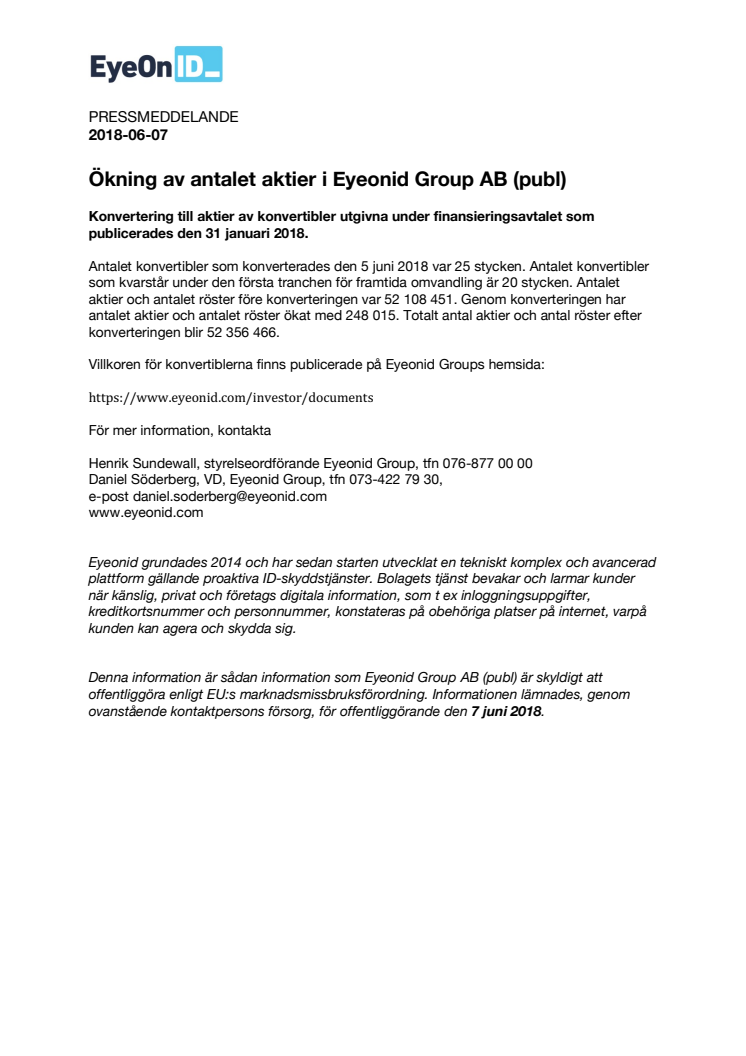 Ökning av antalet aktier i Eyeonid Group AB (publ)