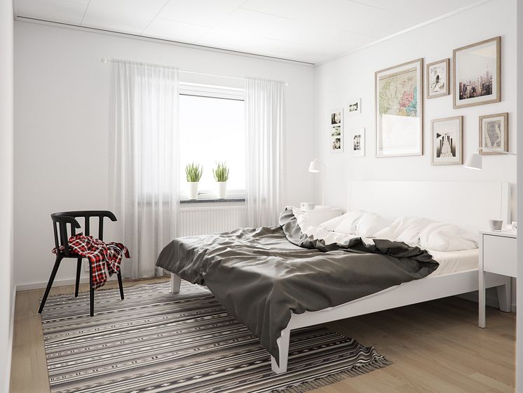 Illustration av sovrum i radhus, BoKlok Fritiden i Lindbacka. OBS! Bilden är en illustration och avvikelser kan förekomma i slutprodukt.  