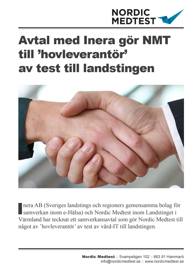 Referensblad: Avtal med Inera gör Nordic Medtest till 'hovleverantör' av test till landstingen