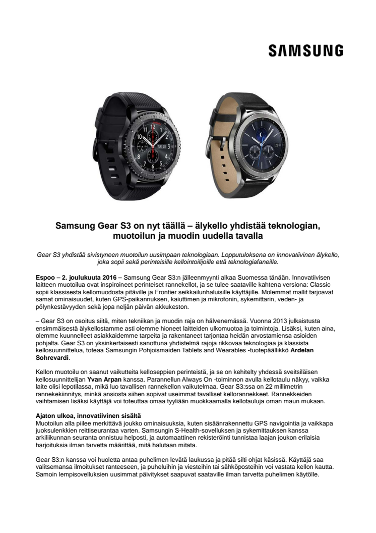 Samsung Gear S3 on nyt täällä – älykello yhdistää teknologian, muotoilun ja muodin uudella tavalla