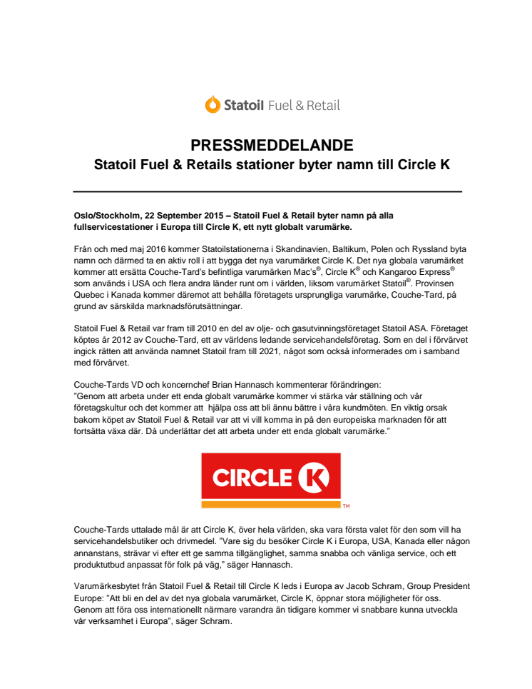 Statoil Fuel & Retails stationer byter namn till Circle K