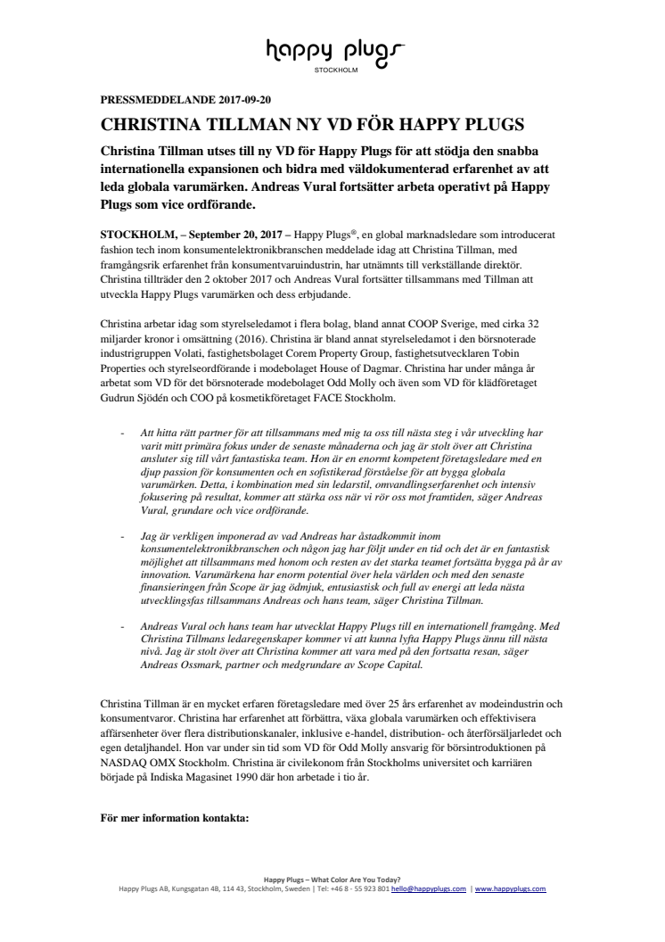 HAPPY PLUGS NAMES CHRISTINA TILLMAN AS CEO TO SUPPORT RAPID INTERNATIONAL EXPANSION