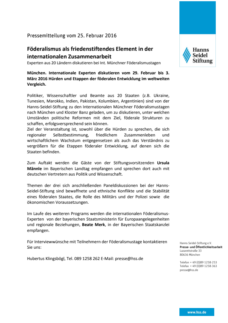Internationale Münchner Föderalismustage: Föderalismus als friedenstiftendes Element in der internationalen Zusammenarbeit