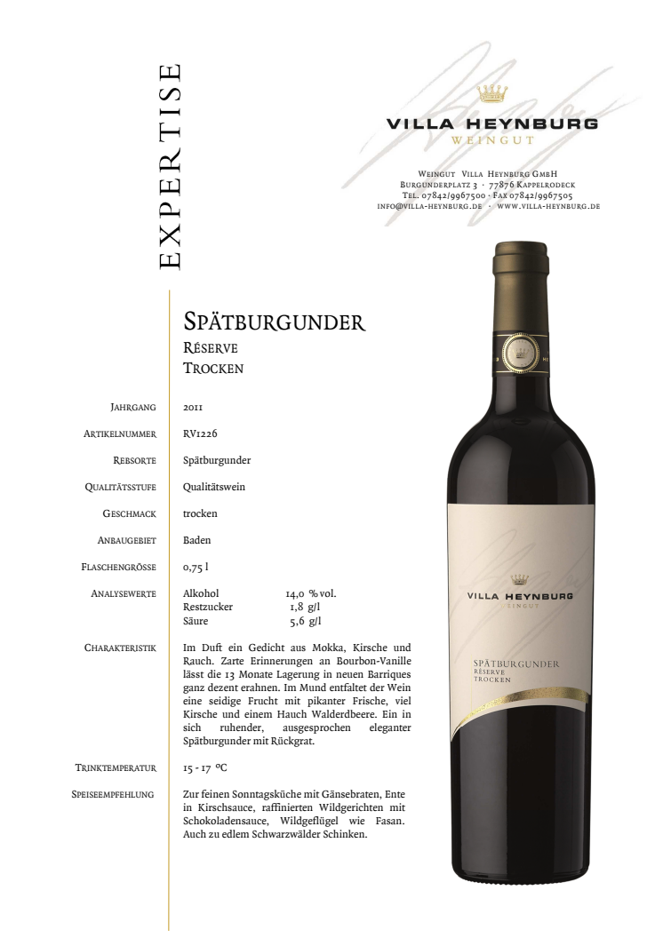 Expertise Spätburgunder Réserve - Weingut Villa Heynburg