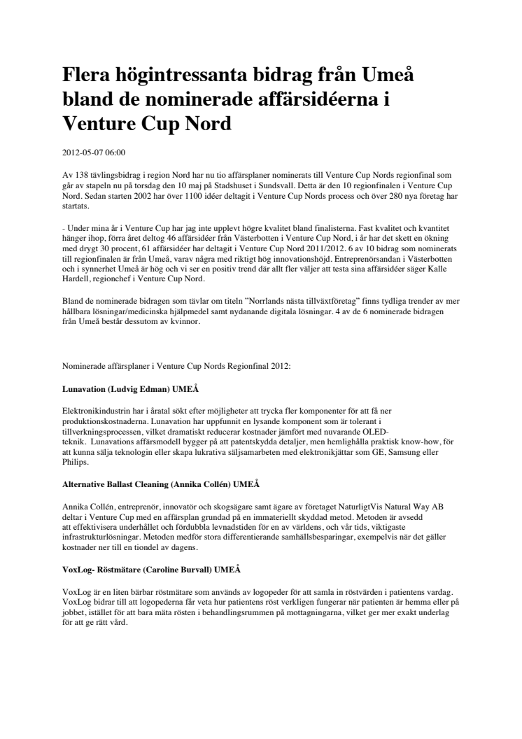 Flera högintressanta bidrag från Umeå bland de nominerade affärsidéerna i Venture Cup Nord